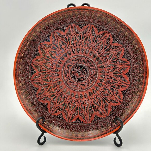 Handcrafted Thai Lacquerware Decorative Byat Plate With Intricate Orange & Black - Picture 1 of 8